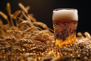 Close up of a glass of beer surrounded by wheat on a rustic wooden table photo