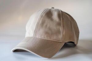 Close up of a beige baseball cap lying on a white surface with a shallow depth of field photo