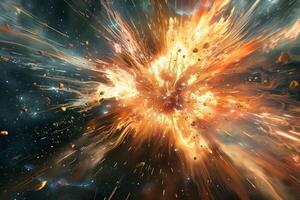 Big bang explosion with debris flying toward the viewer in outer space photo