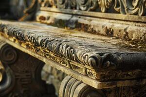 Detail of an old stone bench showing the effects of weathering and aging photo