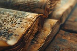 Ancient book open showing folded paper with beautiful lettering on wooden desk photo