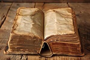Antique book open on rustic wooden table displaying aged pages photo