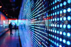 Led lights display panel showing data analytics in modern business center photo