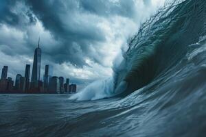 Giant wave forming in the ocean with city skyline in background photo