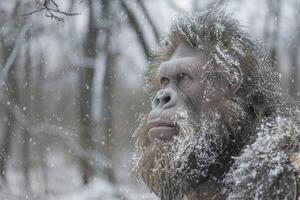 Bigfoot covered with snow looking up during snowfall in a snowy forest photo