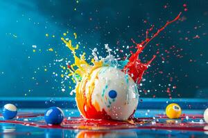 White billiard ball being splashed with colorful paint on blue pool table photo