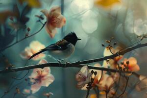 Small bird perched on branch surrounded by pink flowers enjoying spring sunlight photo