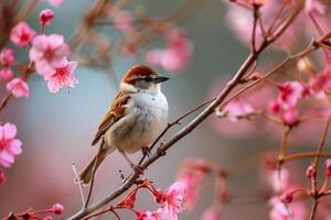 Sparrow is perching on a branch covered with pink flowers in the spring photo
