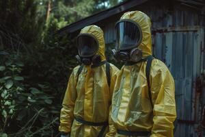 Two scientists wearing hazmat suits and gas masks exploring abandoned building in the woods photo