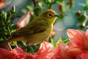 Small yellow bird perched on a flowering branch on a sunny morning photo