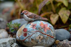 Small ceramic bird resting on a floral painted rock in a garden photo
