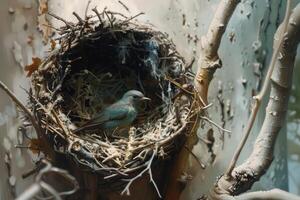 Small blue bird resting in its nest built with twigs and feathers photo