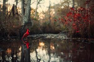 Northern cardinal perched on branch overlooking reflective pond in autumn forest photo