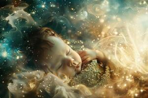 Baby sleeping peacefully surrounded by golden glowing universe and stars photo