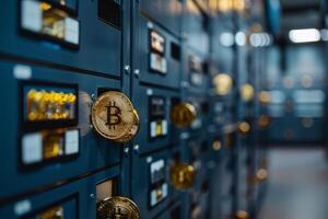 Bitcoin cryptocurrency mining farm with golden coins being inserted into server racks photo