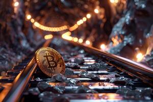 Golden bitcoin cryptocurrency coin resting on railroad tracks leading into a dark mine photo