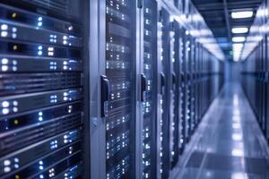 Modern data center with rows of supercomputers storing and processing information photo