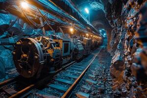 Mining tunnel deep underground showing heavy machinery on rails for extracting minerals photo