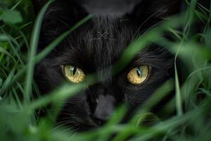 Black cat with yellow eyes hiding in the grass and staring at viewer photo