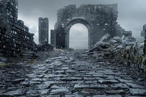 Stone path leading to an ancient stone archway in the rain photo