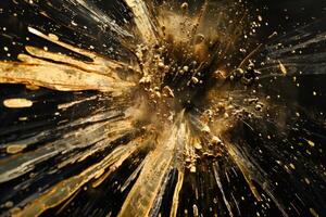 Gold particles exploding from the center creating a starburst shape on black background photo