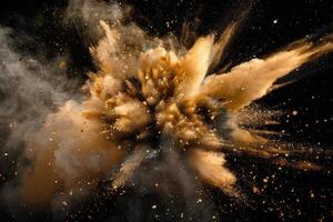 Gold powder exploding on black background creating dynamic abstract shape photo