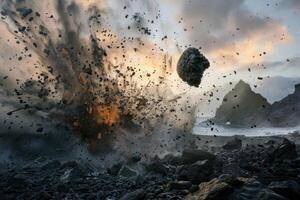 Huge asteroid exploding over ocean coastline with rocks flying through the air photo