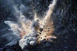 Rocks exploding creating dust cloud in open pit mine photo