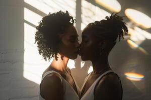 Two women kissing in front of a window photo