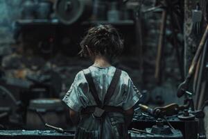 Young metal worker wearing overalls standing in workshop photo
