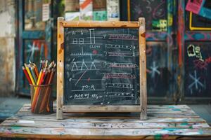 Small blackboard displaying mathematical equations and colored pencils resting on wooden table photo