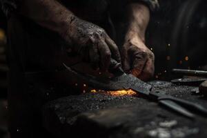 Blacksmith working metal with sparks flying in forge photo
