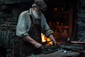 Blacksmith working metal with hammer and anvil in the forge photo