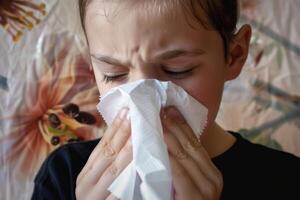 Sick young boy blowing his nose with a tissue photo