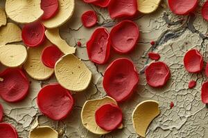 Red and yellow rose petals scattered on cracked paint background photo