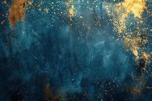 Abstract grunge dark blue background with golden splashes photo