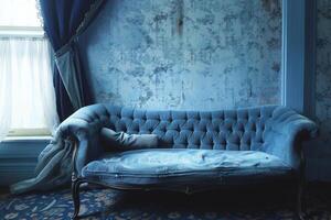 Old blue sofa sitting in front of a window in an abandoned house photo