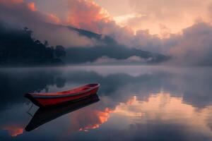 Small red wooden boat floating on a lake at dawn with misty mountains in the background photo