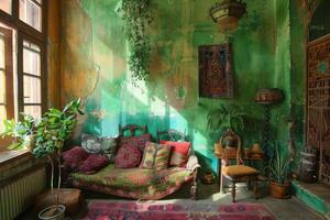 Bohemian style living room with green walls and plants creating relaxing atmosphere photo