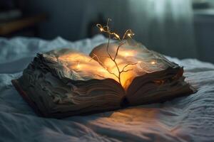 Open book with glowing fairy lights creating a magical atmosphere on bed photo