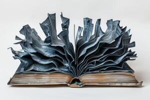 Old book exploding with folded blue paper extending upwards photo