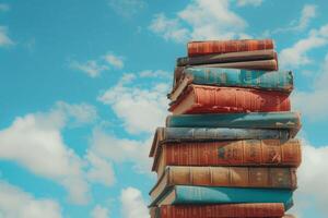 Stack of old books reaching for the sky on a sunny day photo