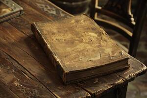 Antique book resting on a weathered wooden table photo
