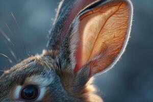 Wild rabbit listening intently with ear illuminated by setting sun photo