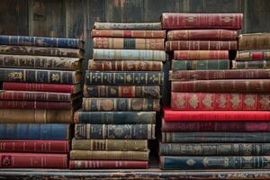 Stack of antique books forming a colorful background photo