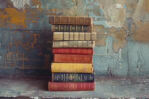 Stack of old books resting on a rustic shelf against a textured wall photo