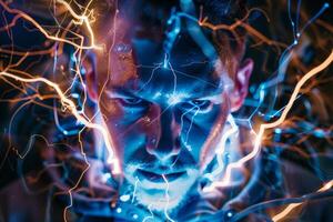 Man experiencing intense energy flow with electric current effect photo