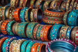 Colorful indian bangles for sale at the market displayed on a table photo