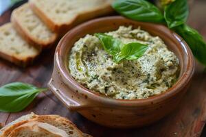 Delicious homemade white bean dip with toasted bread and basil garnish on rustic wooden table photo