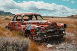 Rusty abandoned car rusting away in desert landscape photo
